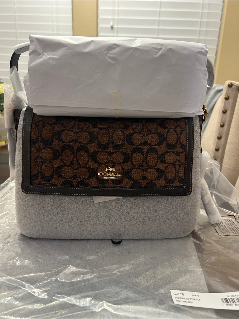 NWT Coach Large Etta Shoulder Bag in Chenille. CCE58 IM/Truffle